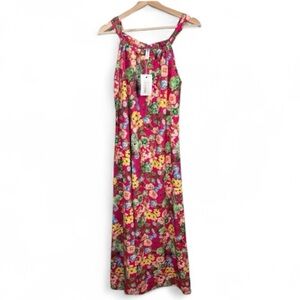 Anastassimo Maxi Dress Size M Pink Floral Print Gathered Neckline Vibrant